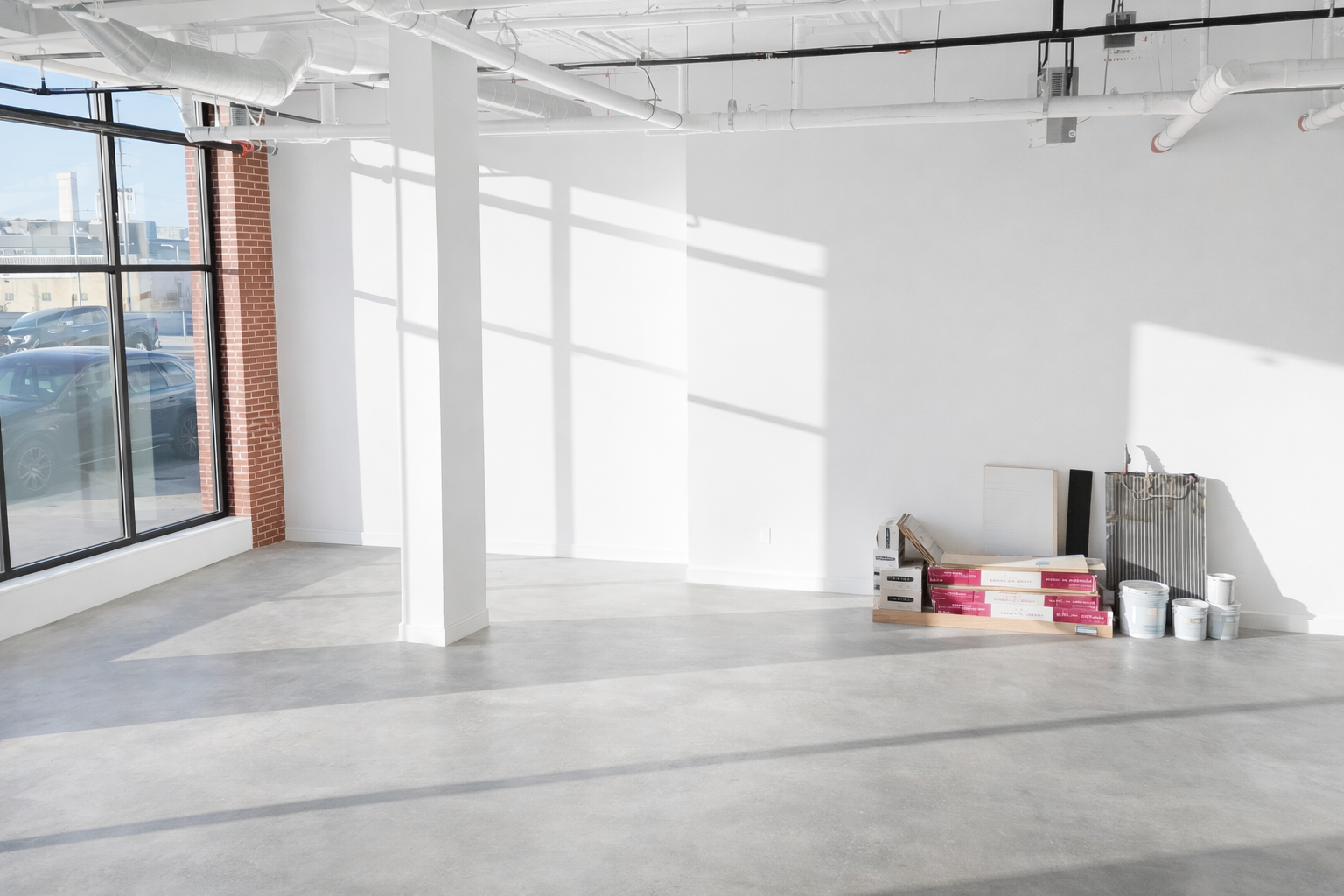 Empty commercial space with large windows, sunlight casting shadows, and construction materials in the corner.