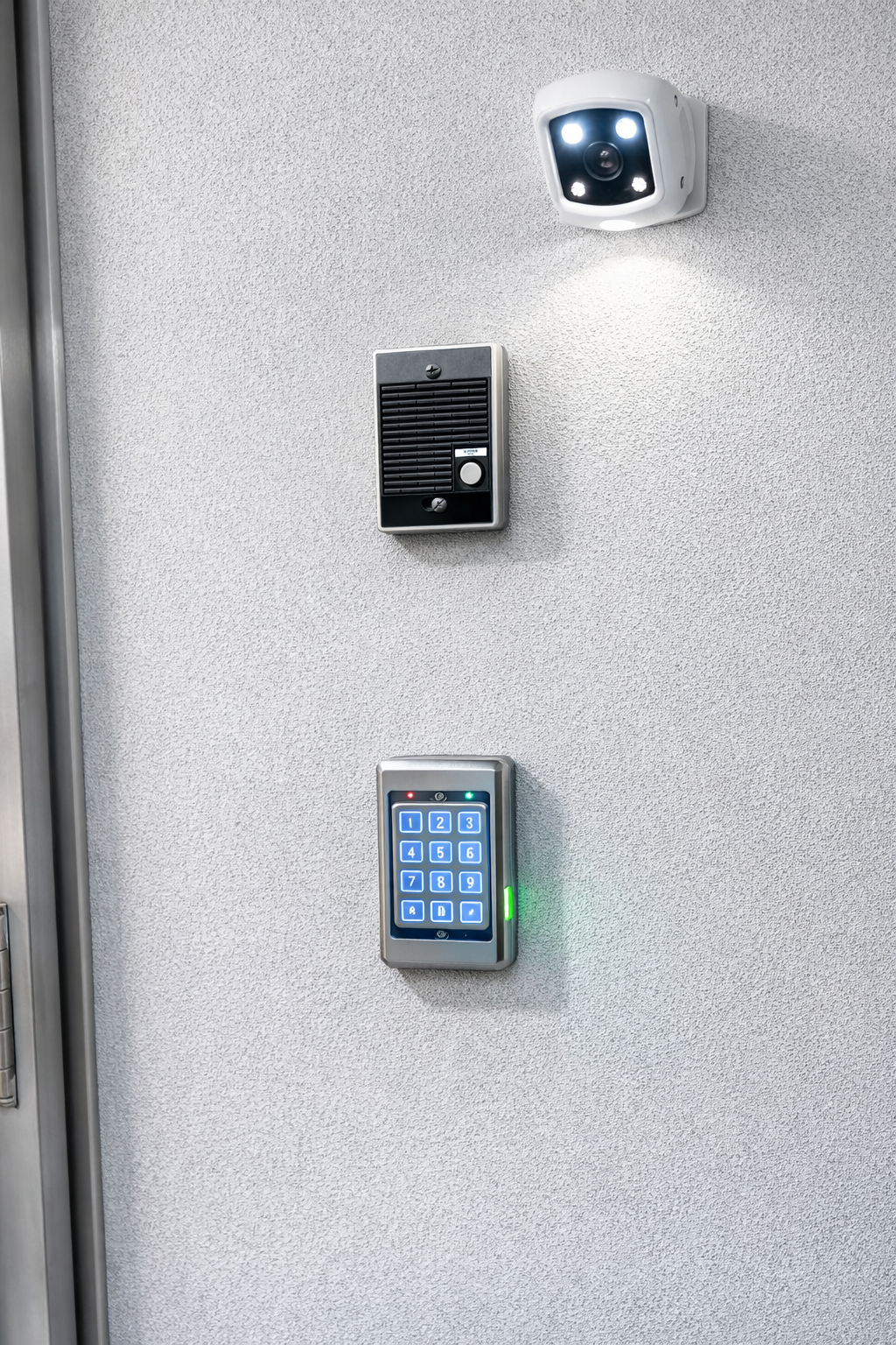 Security camera, intercom with speaker, and keypad access control on a wall.