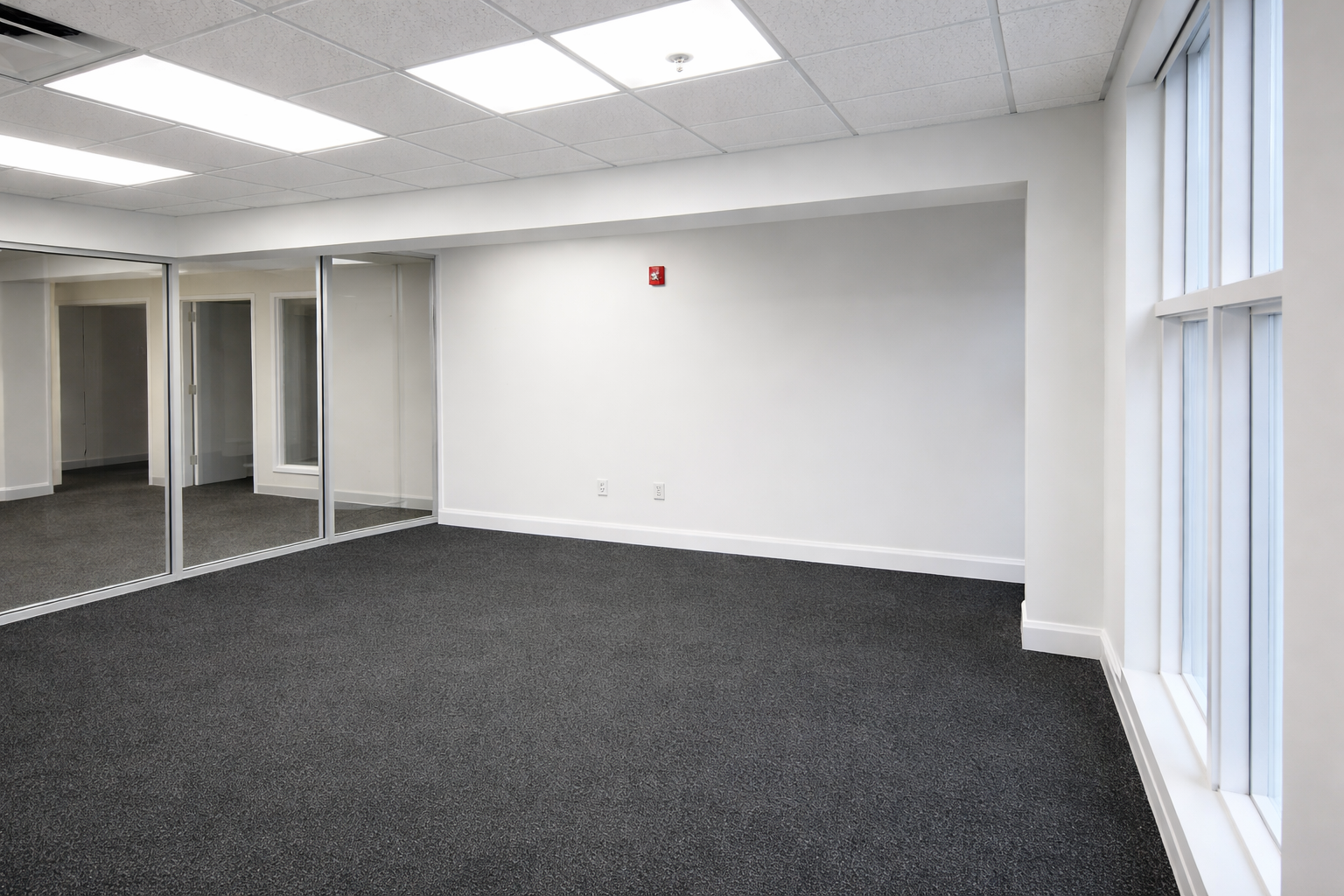 Empty office space with carpeted floor, white walls, ceiling tiles, large windows, and glass partition doors.