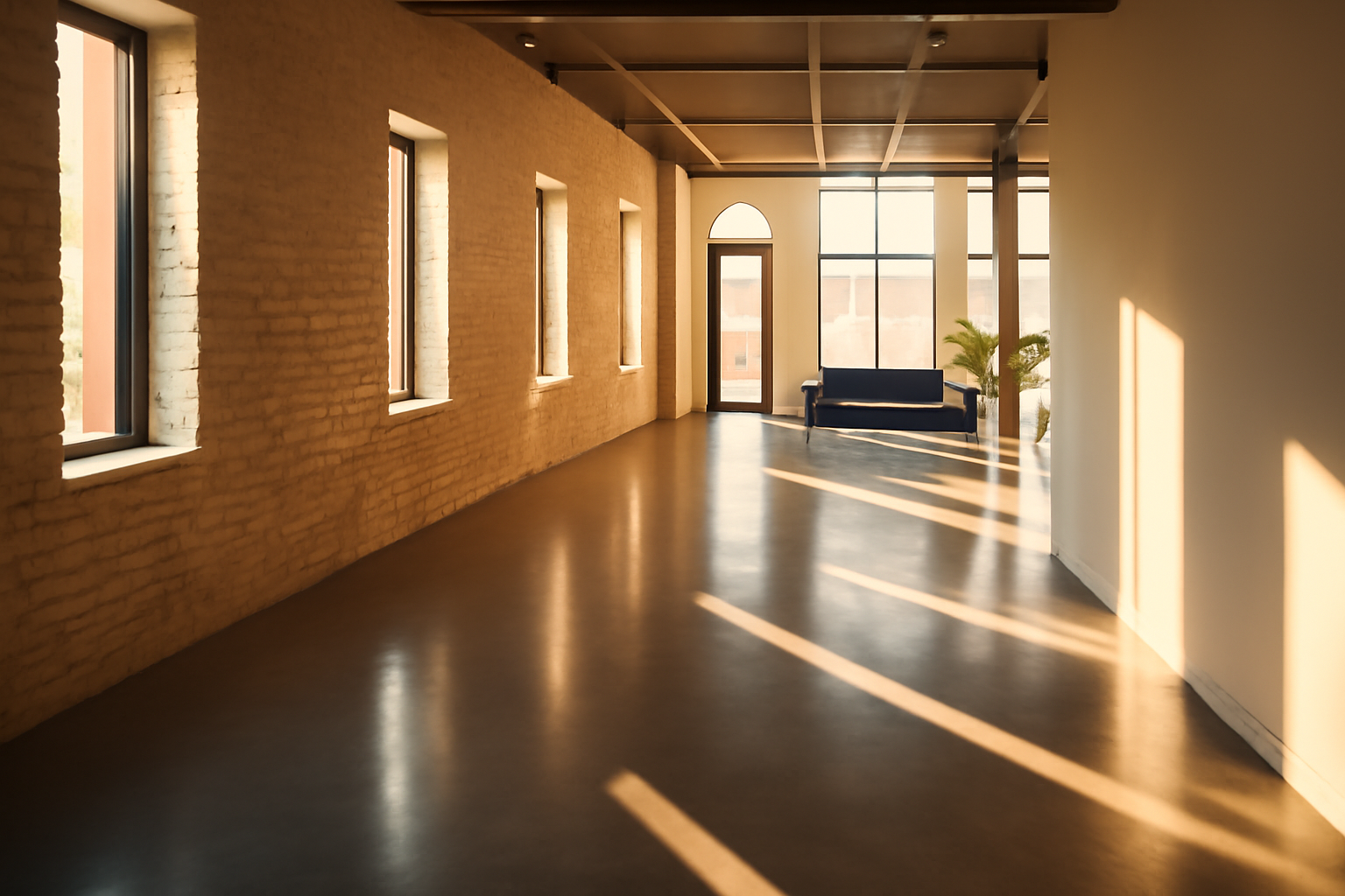 Bright sunlight streaming through large windows in an empty, modern room with a brick wall on the left, a blue sofa near the back, and a tall potted plant near the window, creating long shadows on the polished floor.