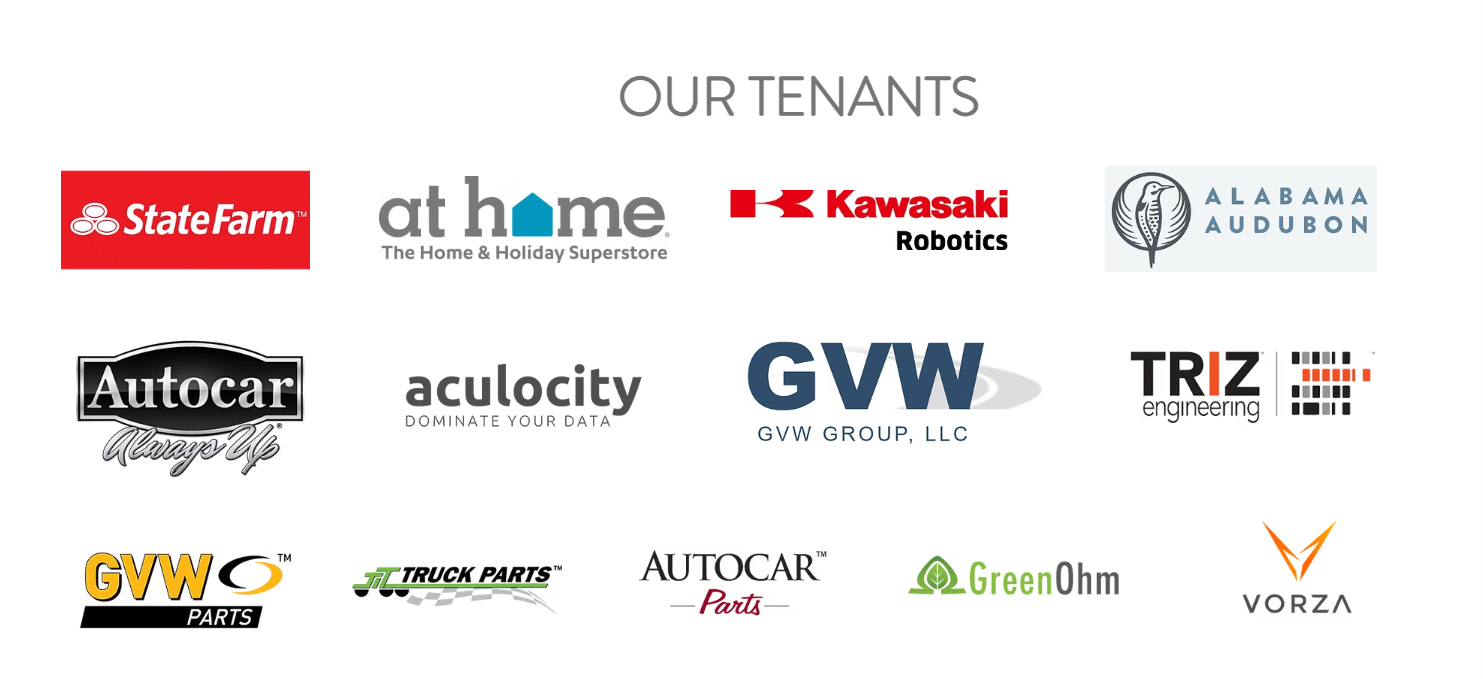 A digital graphic displaying logos of various tenants, including State Farm, at home, Kawasaki Robotics, Alabama Audubon, Autocar, aculocity, GVW, TRIZ engineering, GVW Parts, Truck Parts, Autocar Parts, GreenOhm, and Vorza.