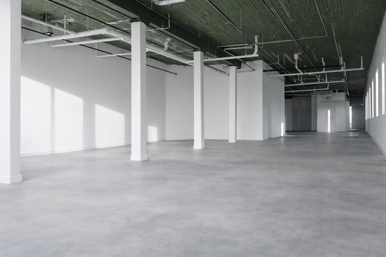 Empty commercial space with white walls, gray flooring, and an exposed ceiling with pipes and wiring. Natural light streams in through large windows on the right.