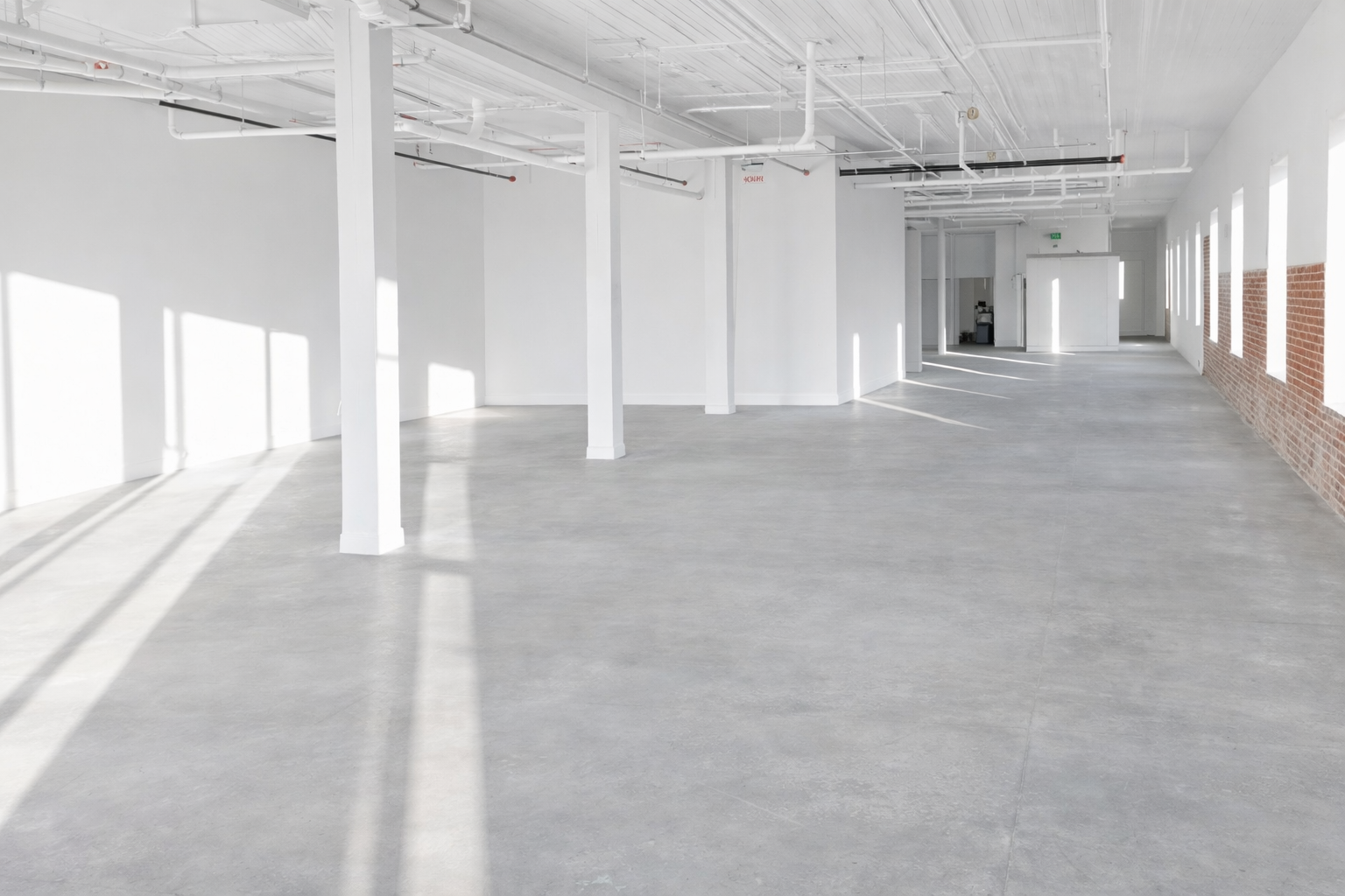 Empty, bright white commercial space with concrete floors and large windows allowing natural light, featuring white walls, exposed ceiling pipes, and a brick accent wall along one side.