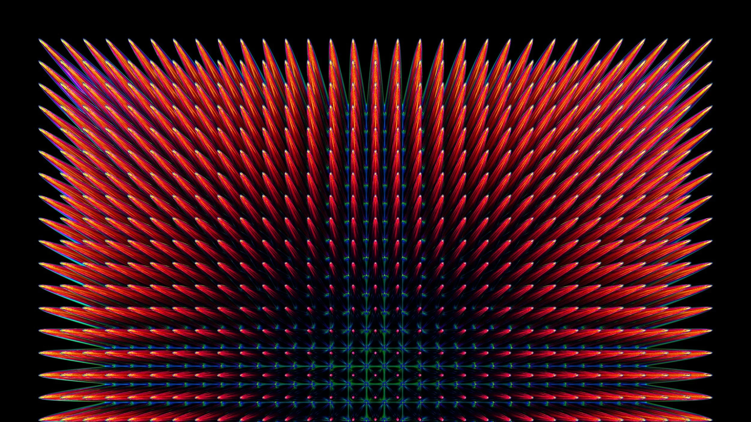 A symmetrical digital artwork featuring a burst of colorful, elongated spikes radiating from the center against a black background.