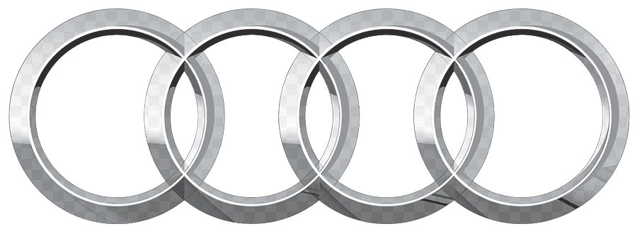 A close-up view of five overlapping silver rings, forming part of the Audi logo.