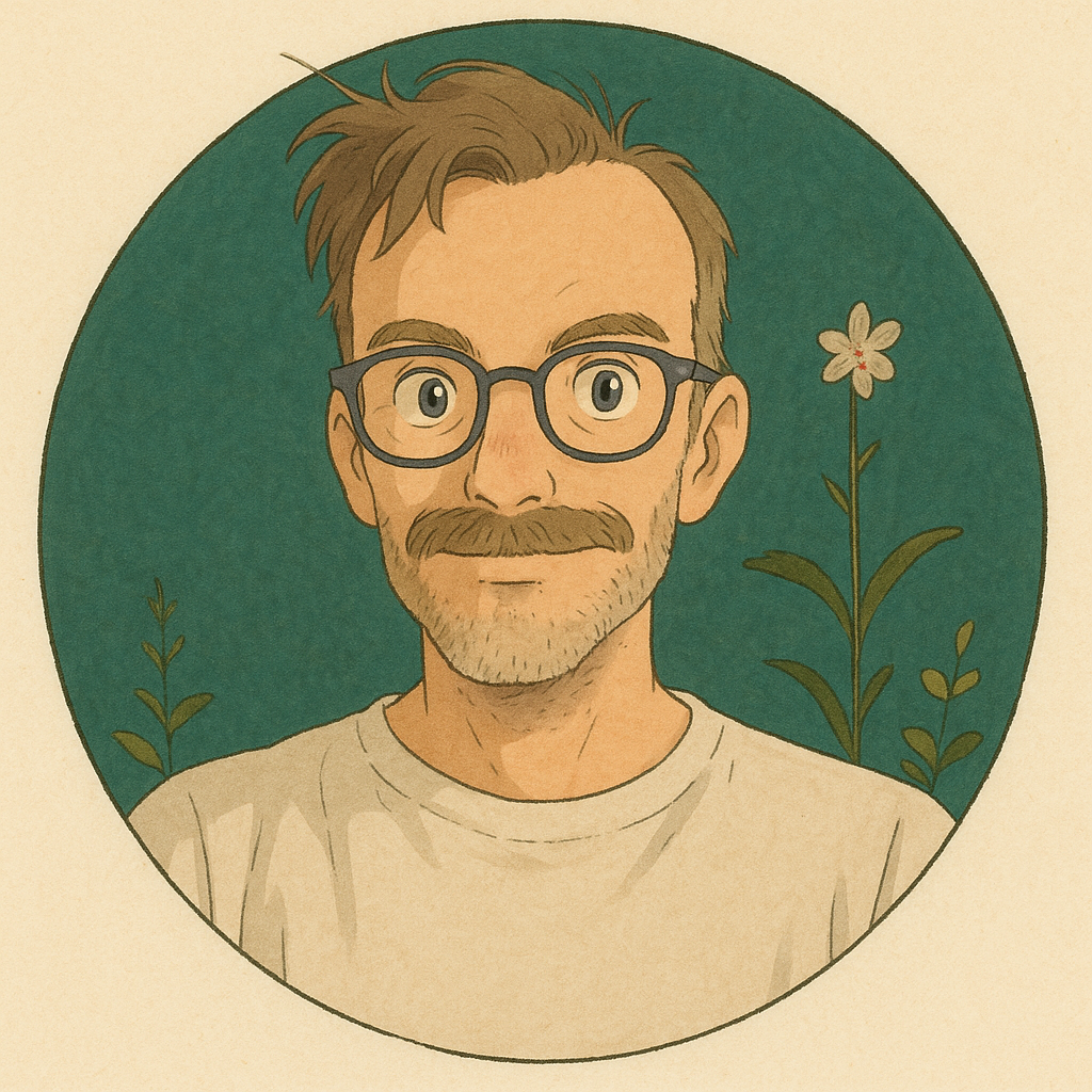An illustrated portrait of a man with glasses, a beard, and mustache, wearing a beige shirt, with a background featuring green plants and a single white flower with a red center.