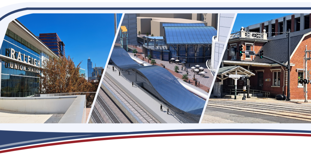 Composite image showing three different scenes: a modern train station with glass exterior and city skyline, a digital rendering of a futuristic train station with curved roof, and a historic train station with brick walls and train tracks.