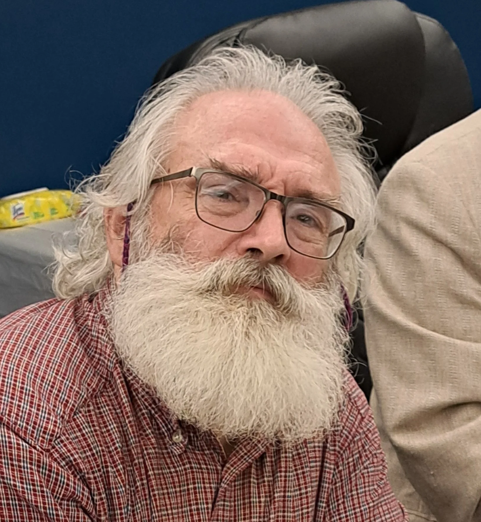 A man with a white beard and glasses, wearing a plaid shirt, sitting indoors.