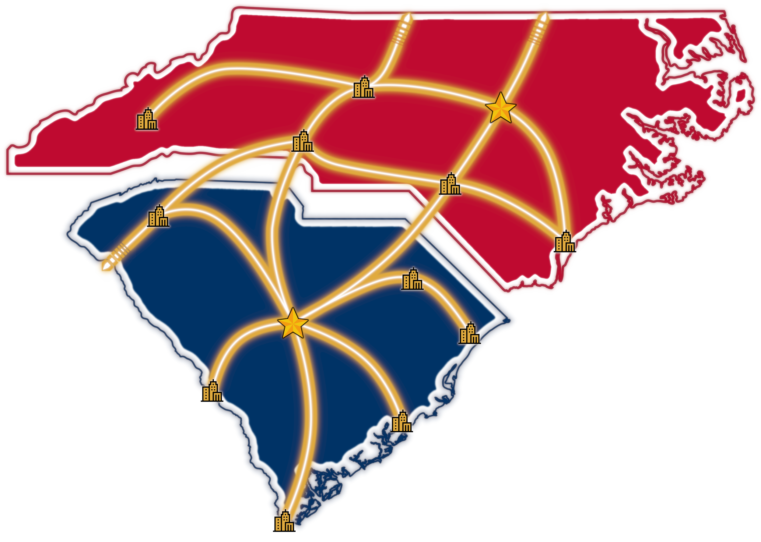 Map of the United States with red and blue states divided, showing major cities connected by highlighted roads, and district stars indicating key locations.