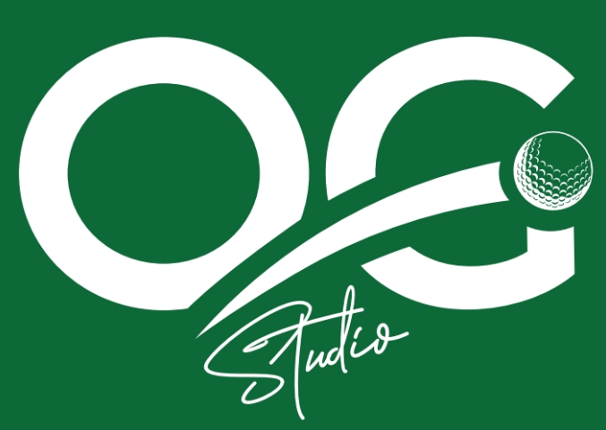 Logo with large white letters 'O' and 'G' on a green background, a stylized golf ball, and the word 'Studio' in cursive.