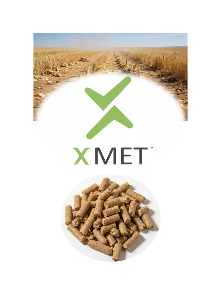 Image showing a wheat field, a green check mark and an X, the word 'XMET,' and a pile of small cylindrical wood pellets.
