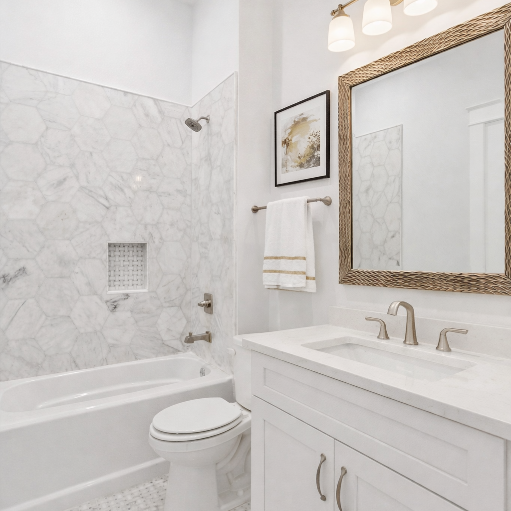 A modern bathroom with a white bathtub and marble tiled wall, a toilet, a white vanity with a sink and brushed nickel faucet, a large framed mirror, a towel rack with a white towel, and wall art, illuminated by three light fixtures.
