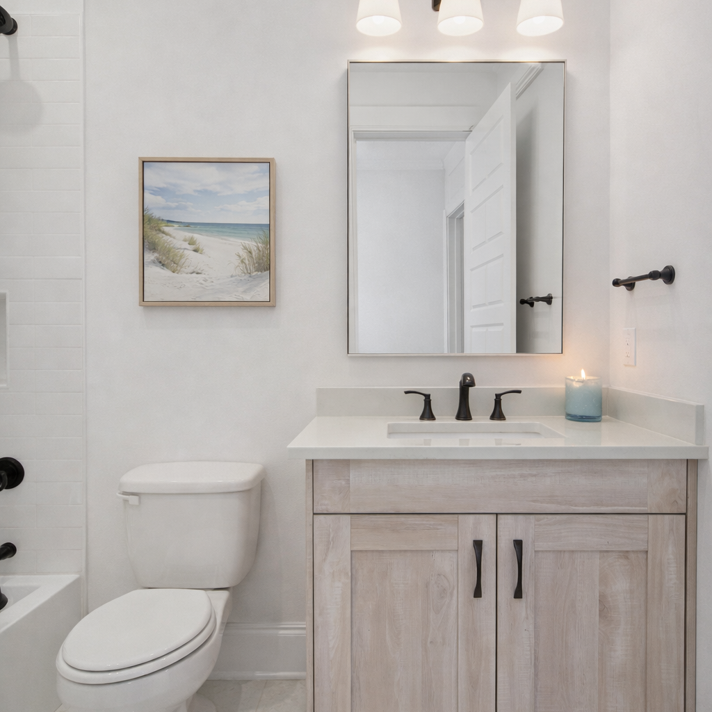 Modern bathroom with a white toilet, a light wood vanity with black handles, a large mirror, and a blue candle on the counter. A framed picture of a beach scene hangs on the wall next to the mirror.