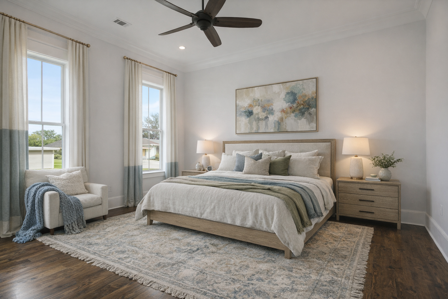 A bedroom with two large windows with cream curtains, a king-sized bed with beige and gray bedding, a wooden nightstand with a lamp and a plant, a cream armchair with a throw blanket, and an abstract painting above the bed. The room has wooden flooring and a ceiling fan.