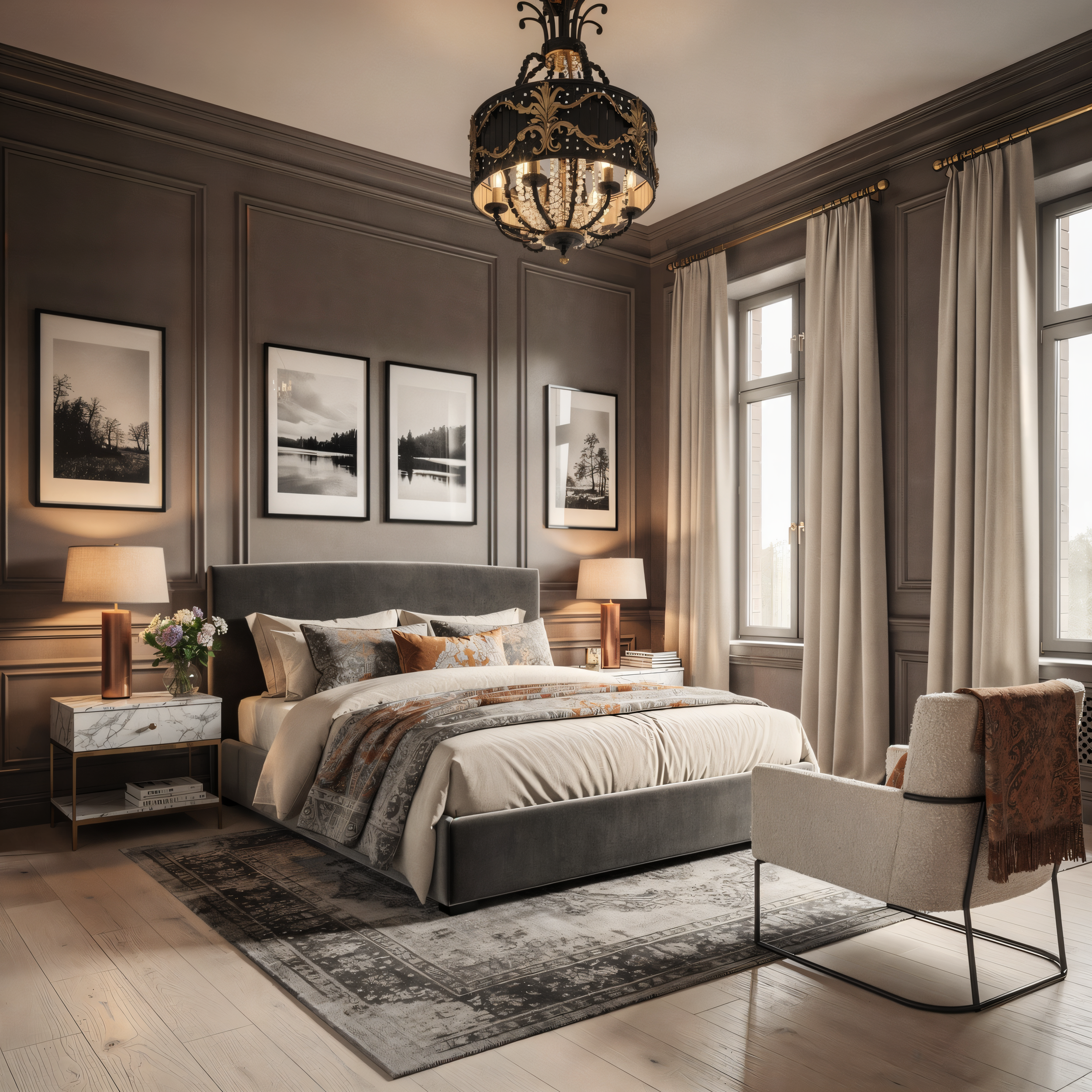 Elegant bedroom with a large bed, bedside lamps, a chair, and framed black-and-white landscape photos on the wall, with big windows and beige curtains.