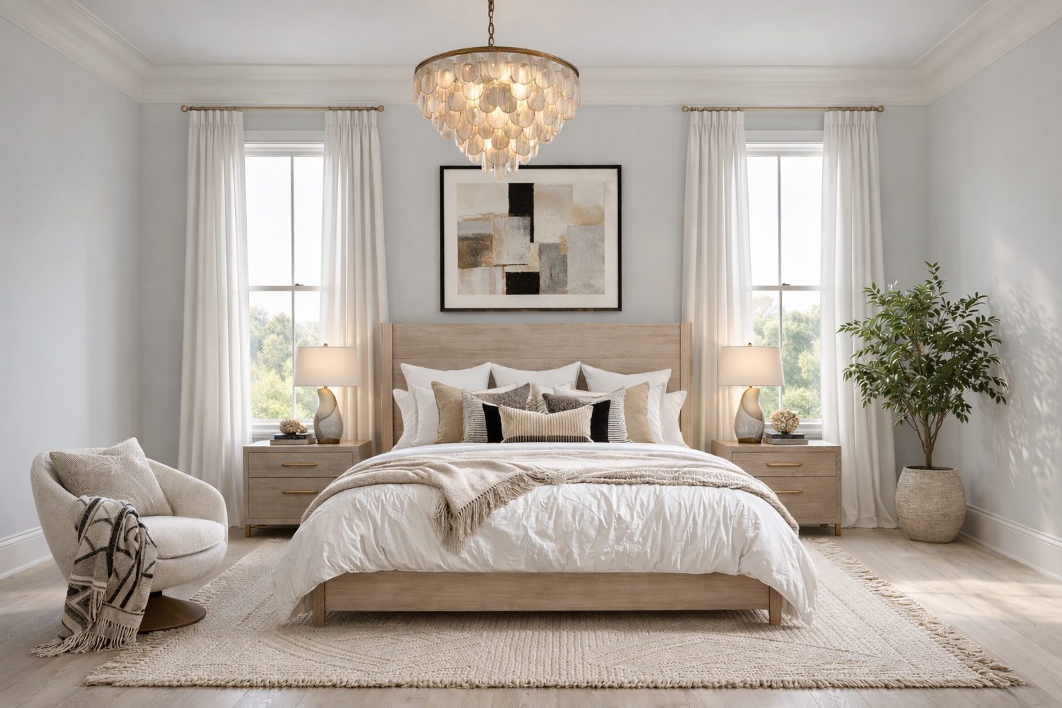 A bedroom with a large bed, neutral-colored bedding, and multiple pillows, flanked by nightstands with lamps. There are two windows with white curtains, a rug, an accent chair with a throw blanket, a large potted plant, and wall art above the bed. A chandelier hangs from the ceiling.