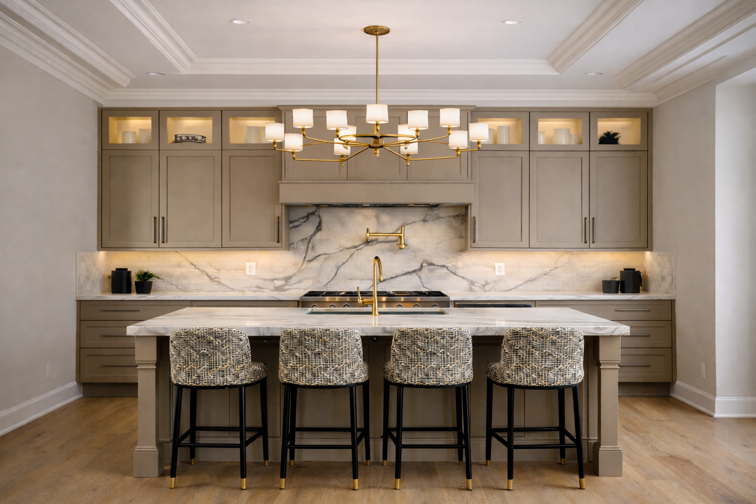 Modern kitchen with grey cabinetry, marble backsplash, kitchen island, four patterned bar stools, gold chandelier, and hardwood floors.
