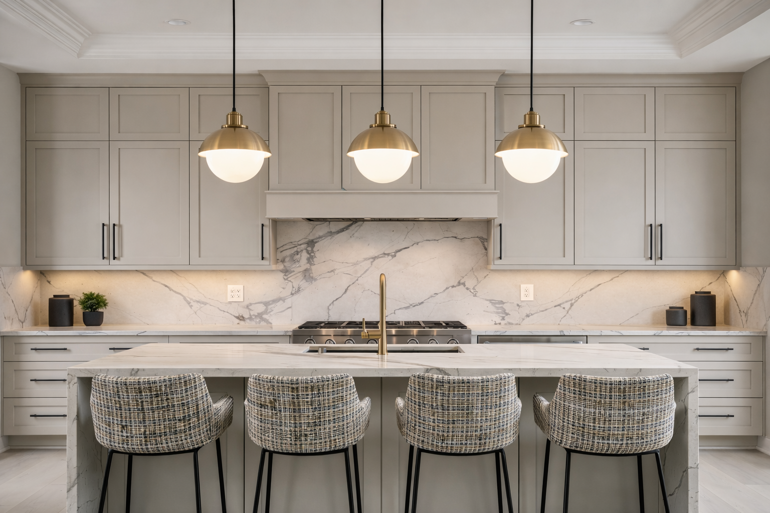 Modern kitchen with white cabinetry, marble backsplash, marble island with four fabric upholstered chairs, three hanging pendant lights, and small decorative plants and speakers on the counter.