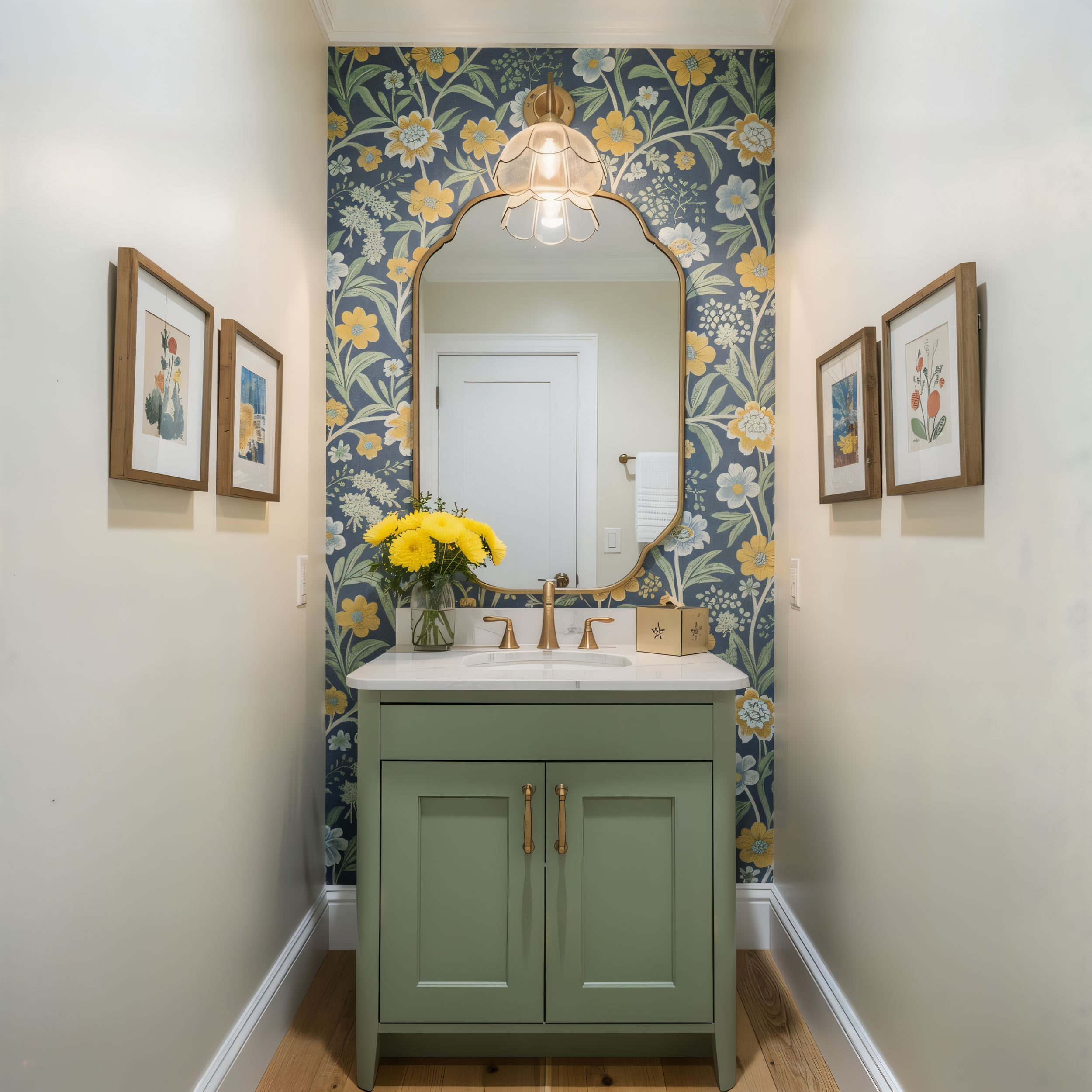 A bathroom vanity with a green cabinet, gold hardware, and a white countertop. A flower bouquet with yellow flowers in a glass vase is on the countertop. An ornate mirror with a gold frame hangs on a floral-patterned wallpapered wall behind the sink. Four framed botanical prints are on the white walls on either side of the vanity. A pendant light with a gold fixture and a floral-shaped glass shade hangs above the mirror.