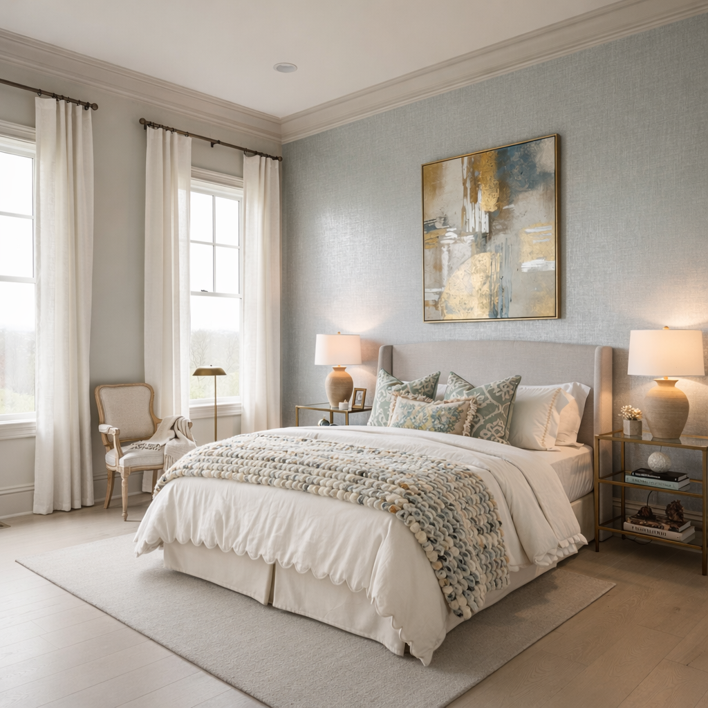 Bright bedroom with large bed, beige upholstered headboard, decorative pillows, and textured blanket. Two nightstands with lamps, a framed abstract painting above the bed, a vintage armchair next to a window, and neutral curtains.