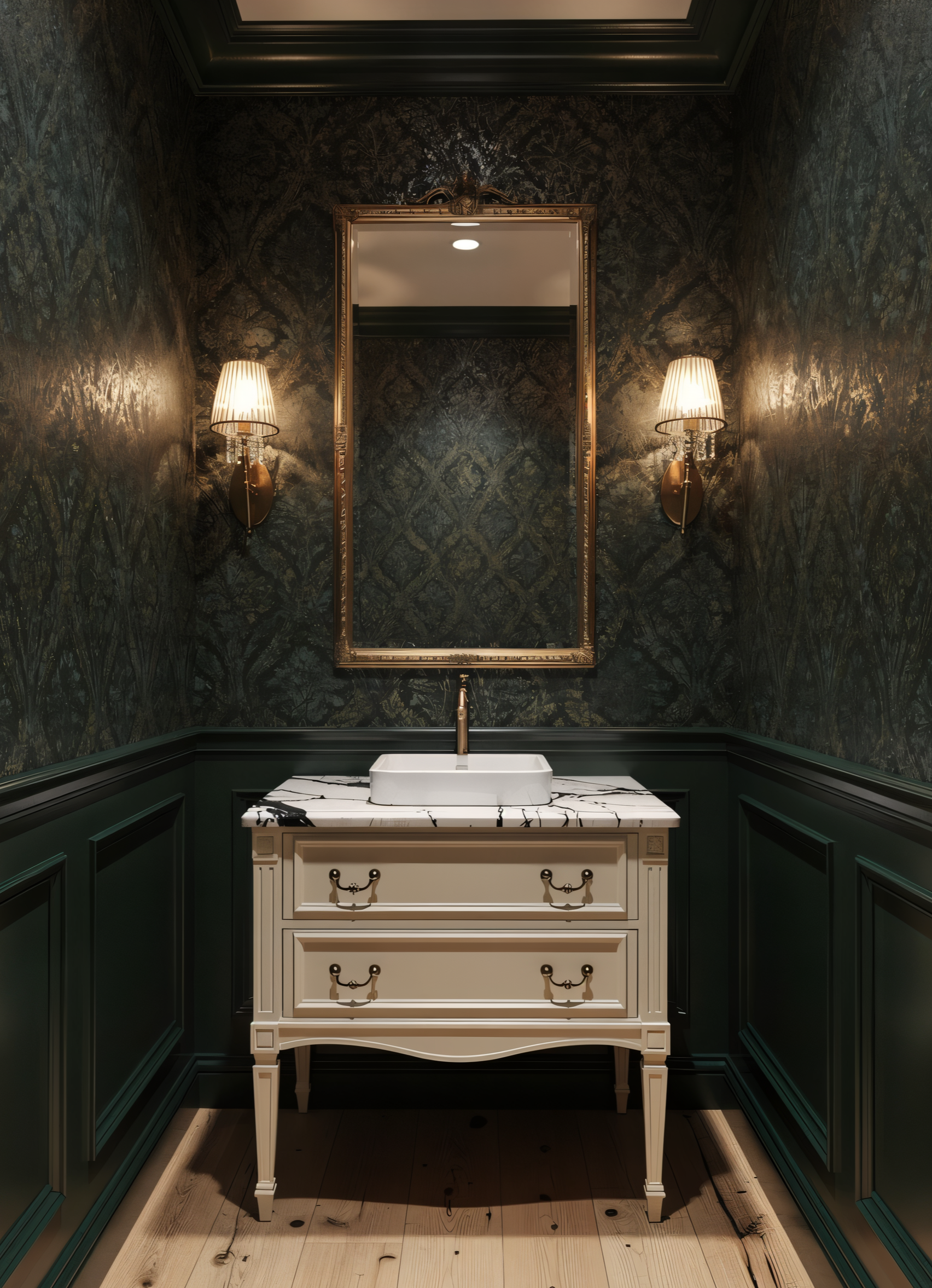 Elegant bathroom with dark green patterned wallpaper, a white vanity with a marble top, a rectangular mirror, two wall-mounted lamps with shades, and a wooden floor.