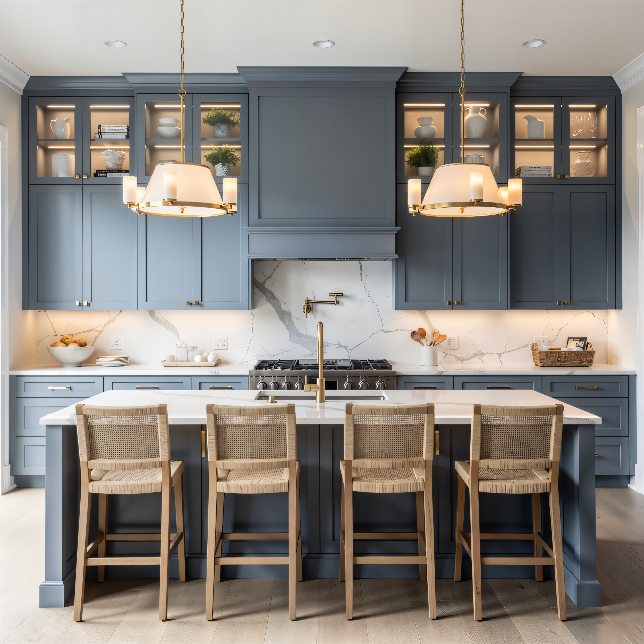 Modern kitchen with blue cabinets, marble backsplash, white marble island, four wooden chairs, and two pendant lights.