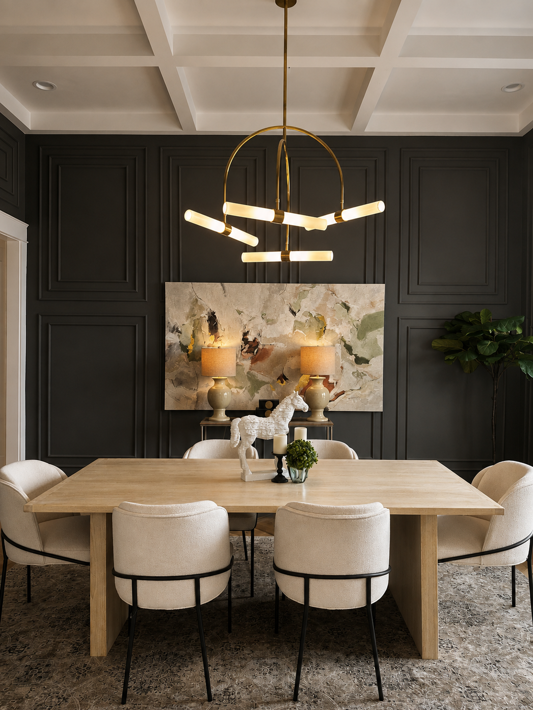 Modern charcoal dining with coffered ceiling and modern fixtures.