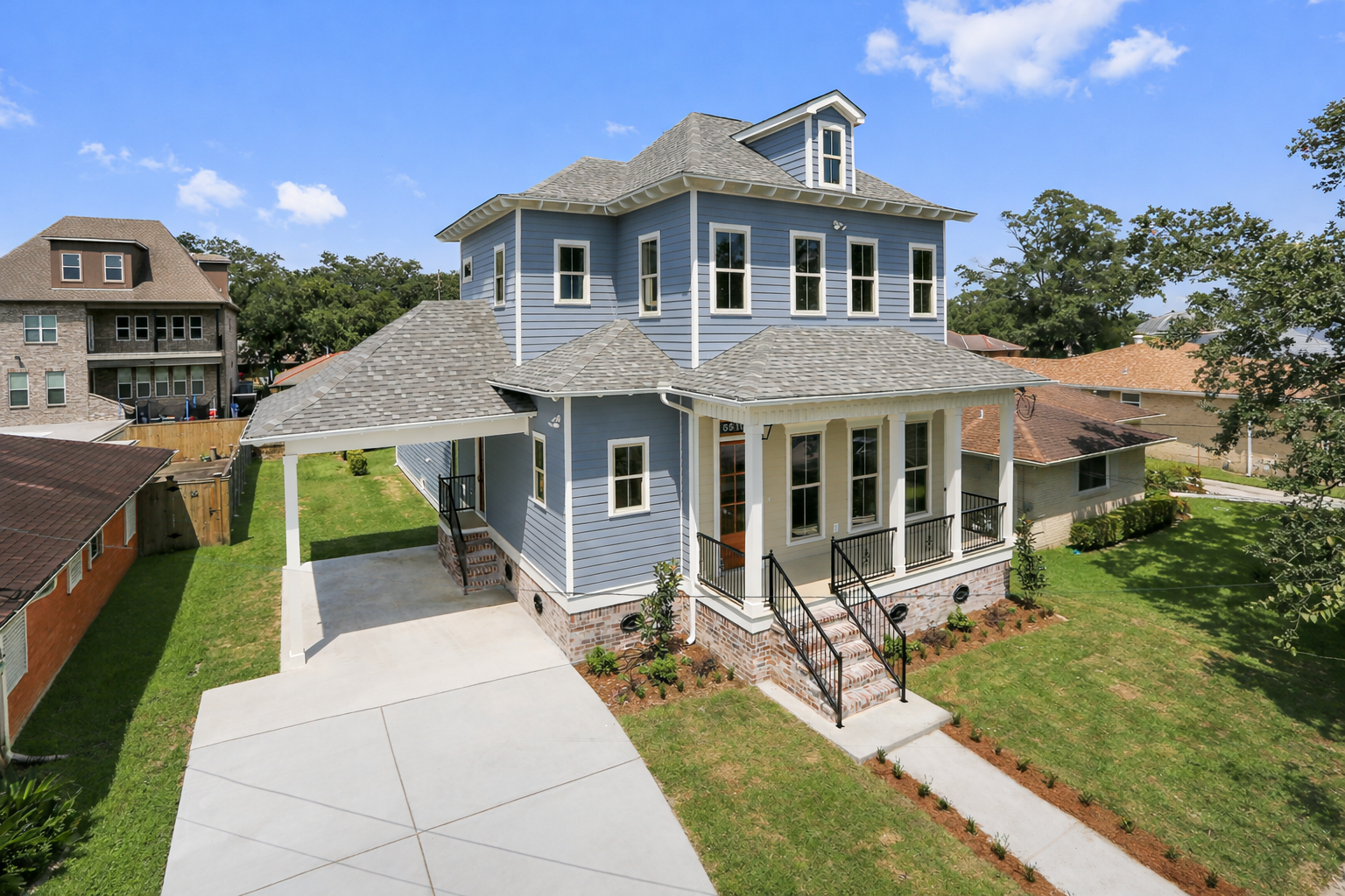 A modern two-story house with blue siding, a porch, and a concrete driveway, situated in a residential neighborhood with grassy lawns and neighboring houses.