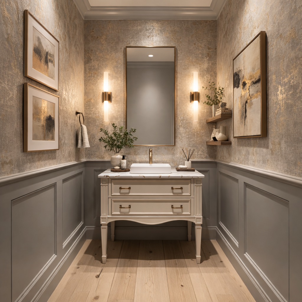 A small powder room with a white vintage vanity, gold handles, and a marble top. Above it is a large mirror flanked by two wall sconces. Decor includes framed abstract art, potted plants, and minimal accessories. Light wood flooring and wainscoting add to the elegant decor.