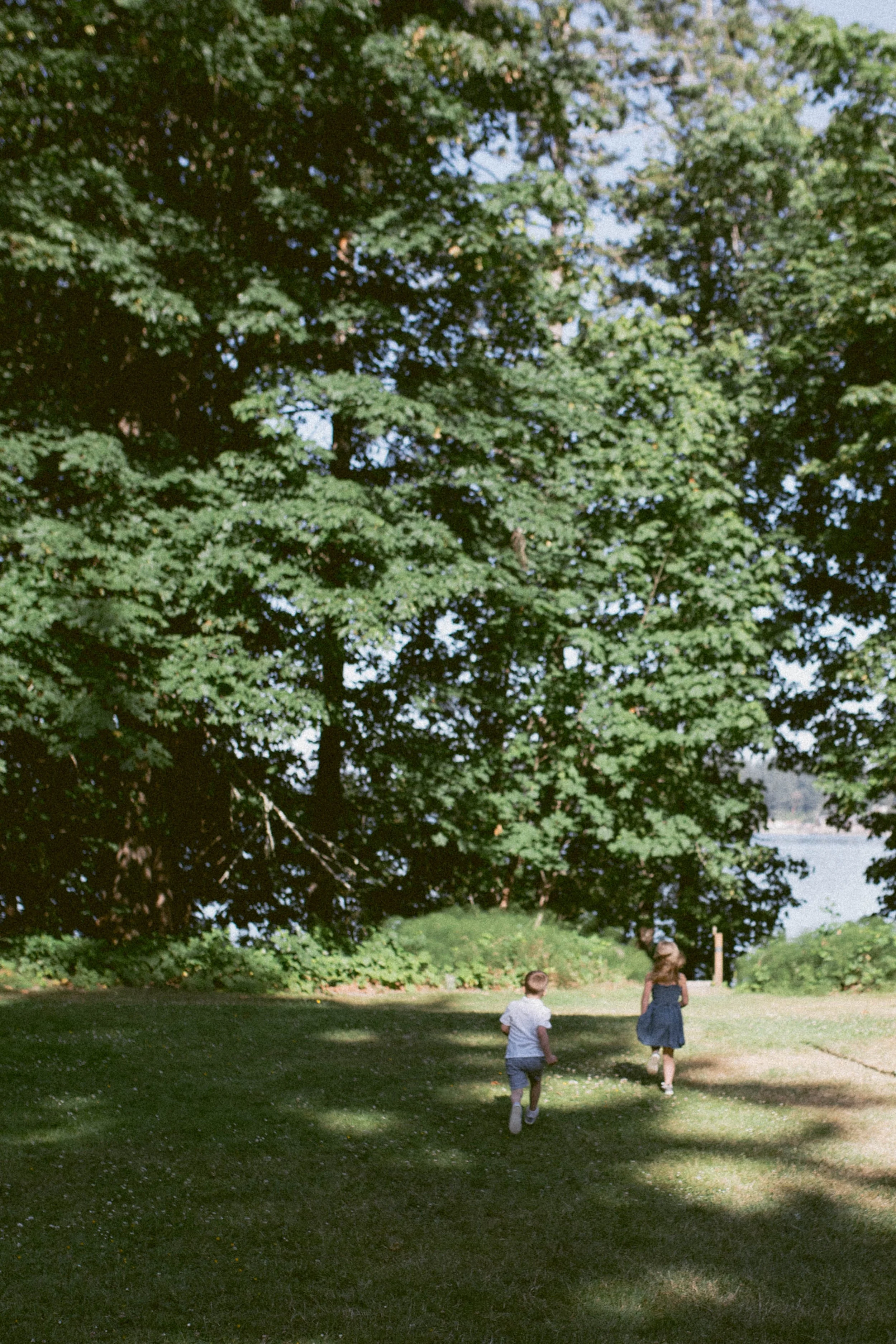 Two children, a boy and a girl, running on a grassy park pathway shaded by large trees with a body of water visible in the background.