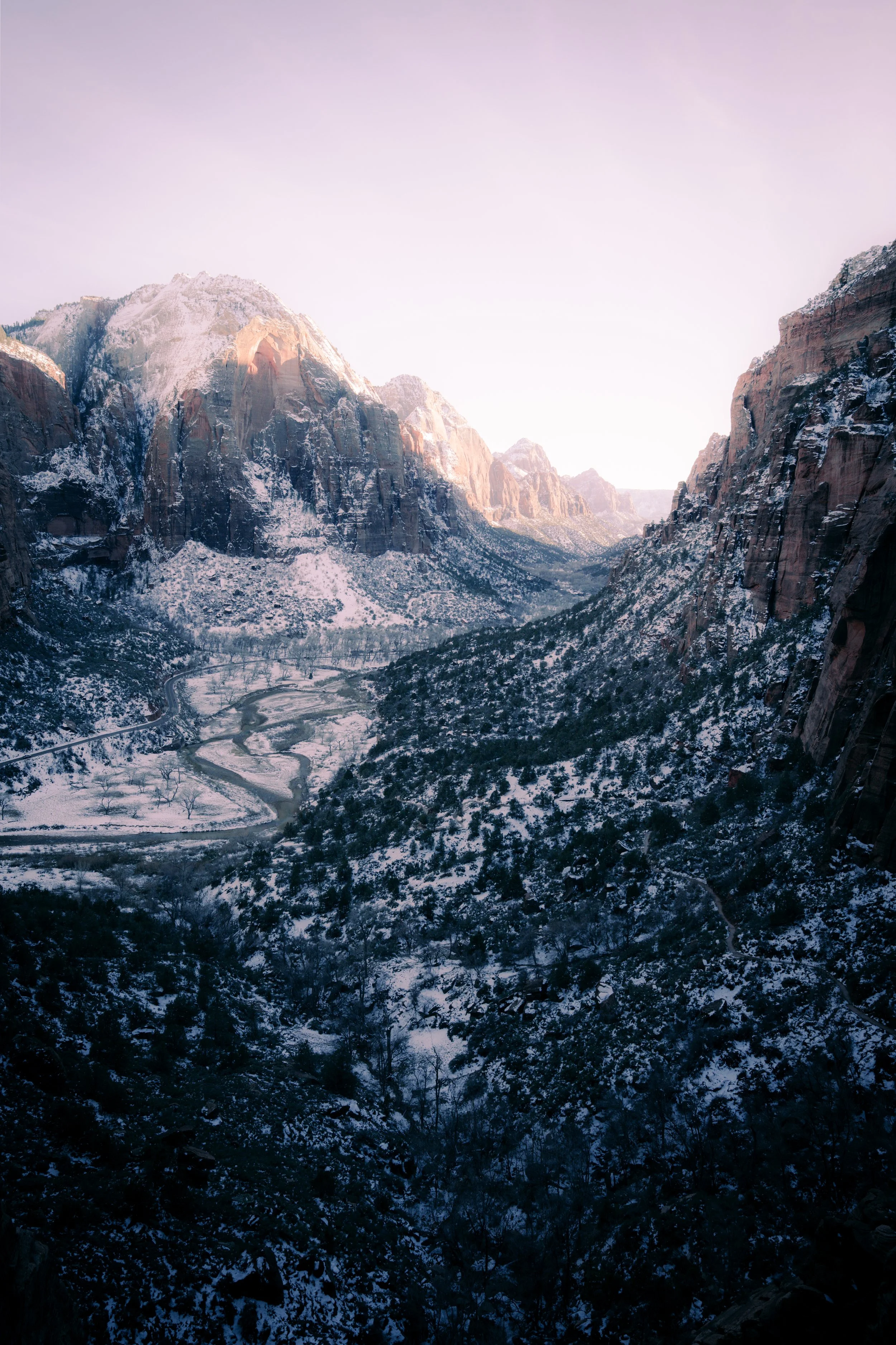 Snow-covered mountains and a winding river through a valley, with trees in the foreground and a pastel-colored sky.