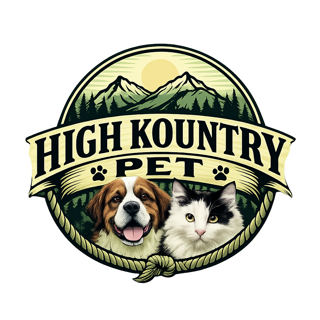 Logo for High Kountry Pet with mountains, trees, sun, a happy dog, and a cat in a circular design.