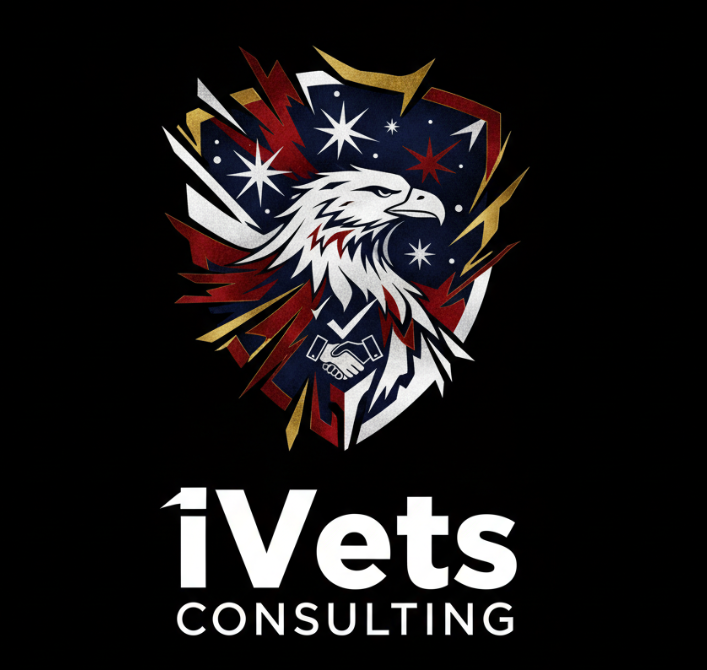 A logo featuring an eagle with an American flag pattern and a shield background, with the text 'iVets Consulting' underneath.