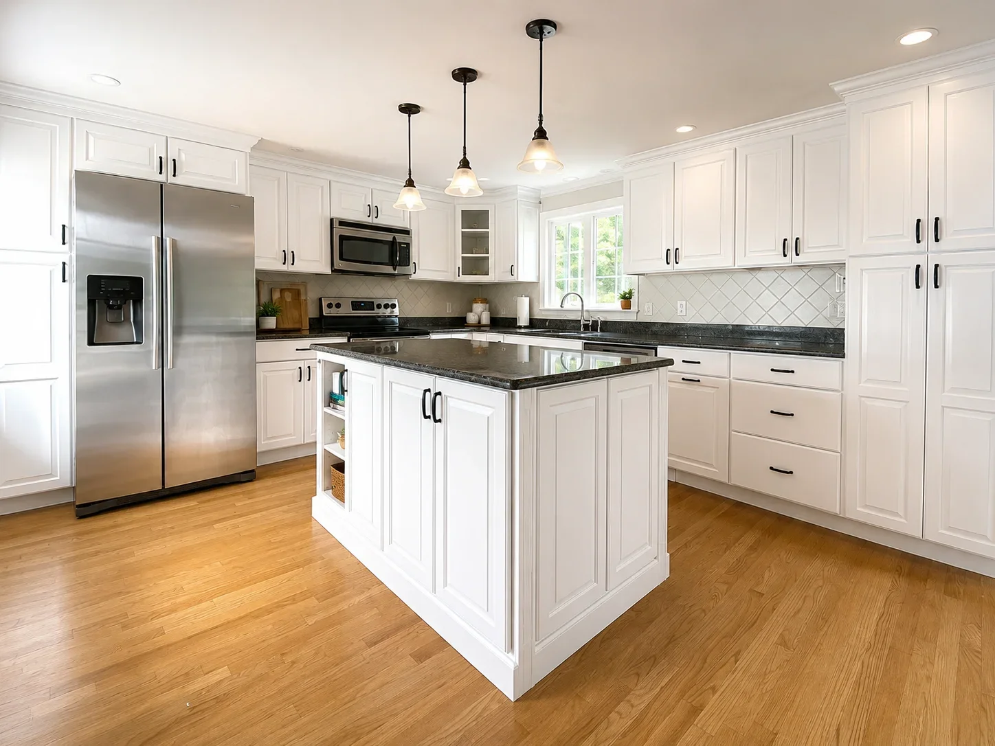 Modern kitchen with white cabinets, black granite countertops, stainless steel appliances, and hardwood flooring.