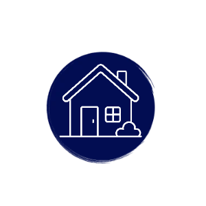 Icon of a house with a door, window, and a small bush in front, inside a dark blue circle.