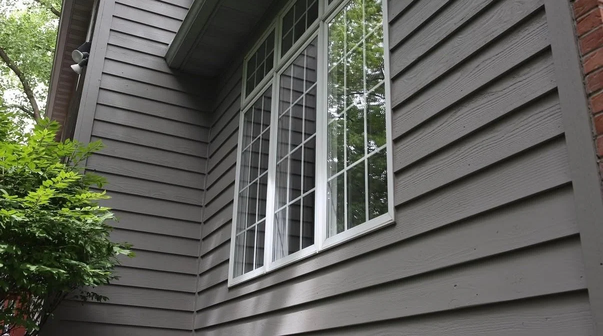 Close-up of a house exterior with gray wooden siding and a large window with white grid muntins, surrounded by greenery.