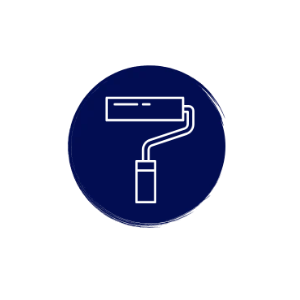 Icon of a paint roller inside a dark blue circle.