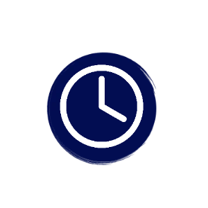 A clock icon with a navy blue circle and white clock face showing the time as 3:00.