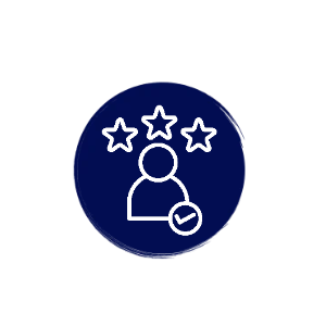 Icon of a person with a checkmark and three stars above their head, representing recognition or achievement.