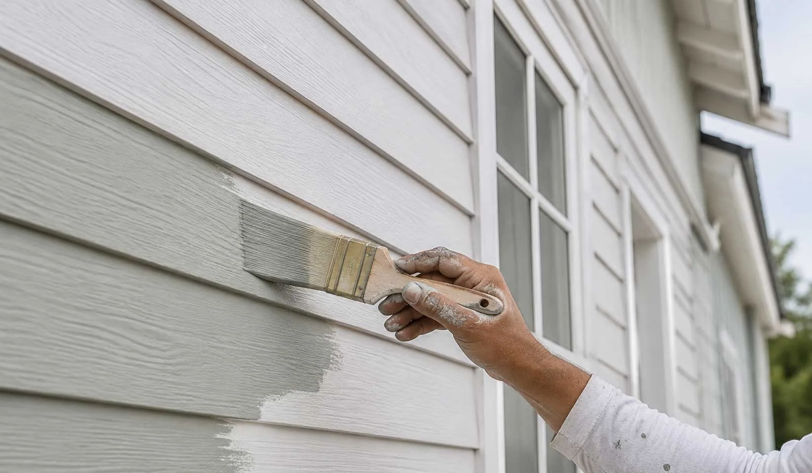 A person painting the exterior of a house with a brush, applying white paint to the wooden siding.