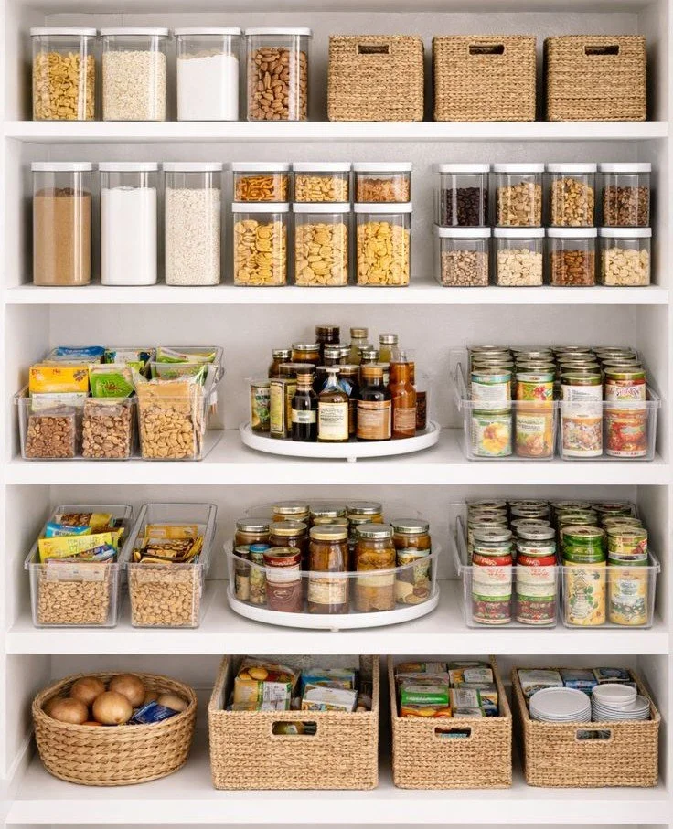 Organized pantry shelf with jars of spices, canned goods, and dry foods, along with baskets for storage.