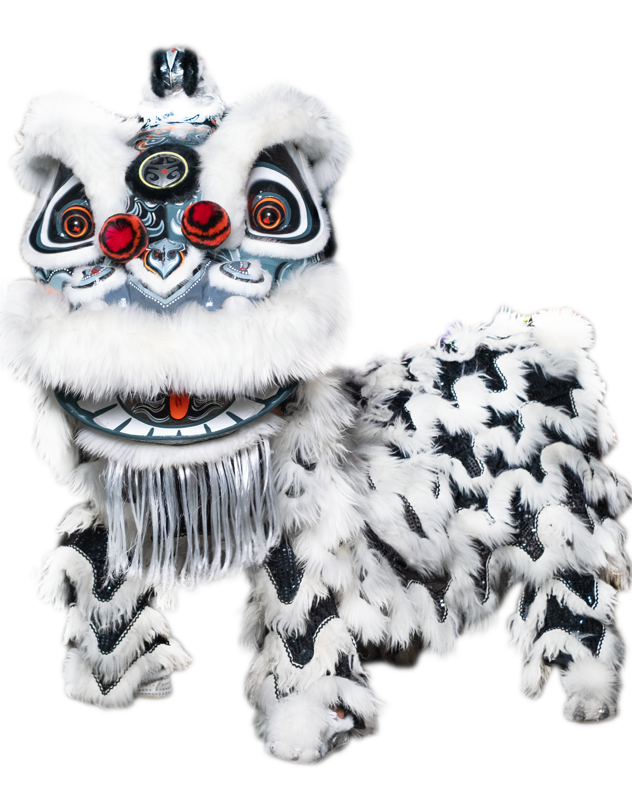 A colorful Chinese lion dance costume with a detailed face, fluffy white fur, and intricate black and white patterns.