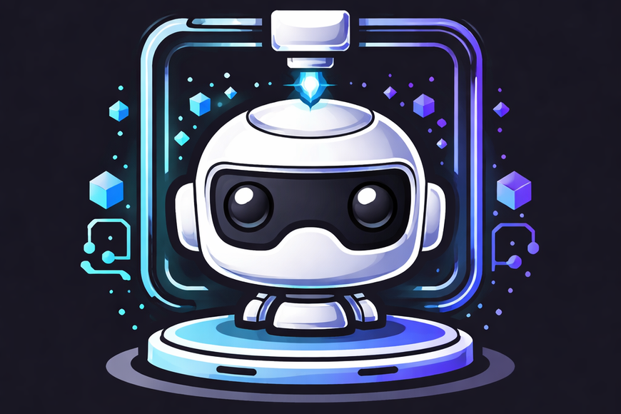 Digital illustration of a robot with a white head and black visor, standing on a futuristic platform surrounded by glowing blue and purple circuitry and cubic digital elements.