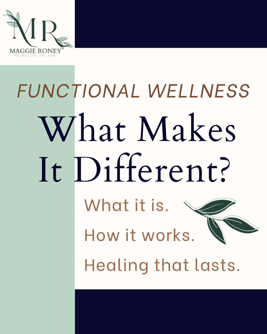 A digital flyer promoting functional wellness with the title 'What Makes It Different?' and the subtitle 'What it is, How it works, Healing that lasts.' The flyer includes a logo with initials 'NR' and the name Maggie Roney, along with decorative leaf illustrations.