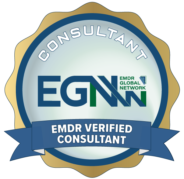 Certifies EMDR Verified Consultant badge with EMDR Global Network logo and blue ribbon.