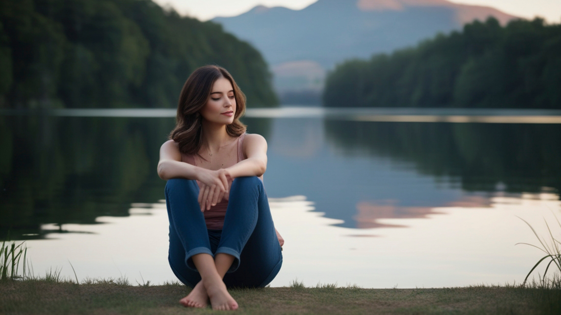 A young woman sitting on the grass by a calm river with tree-lined banks and mountains in the background during sunset.