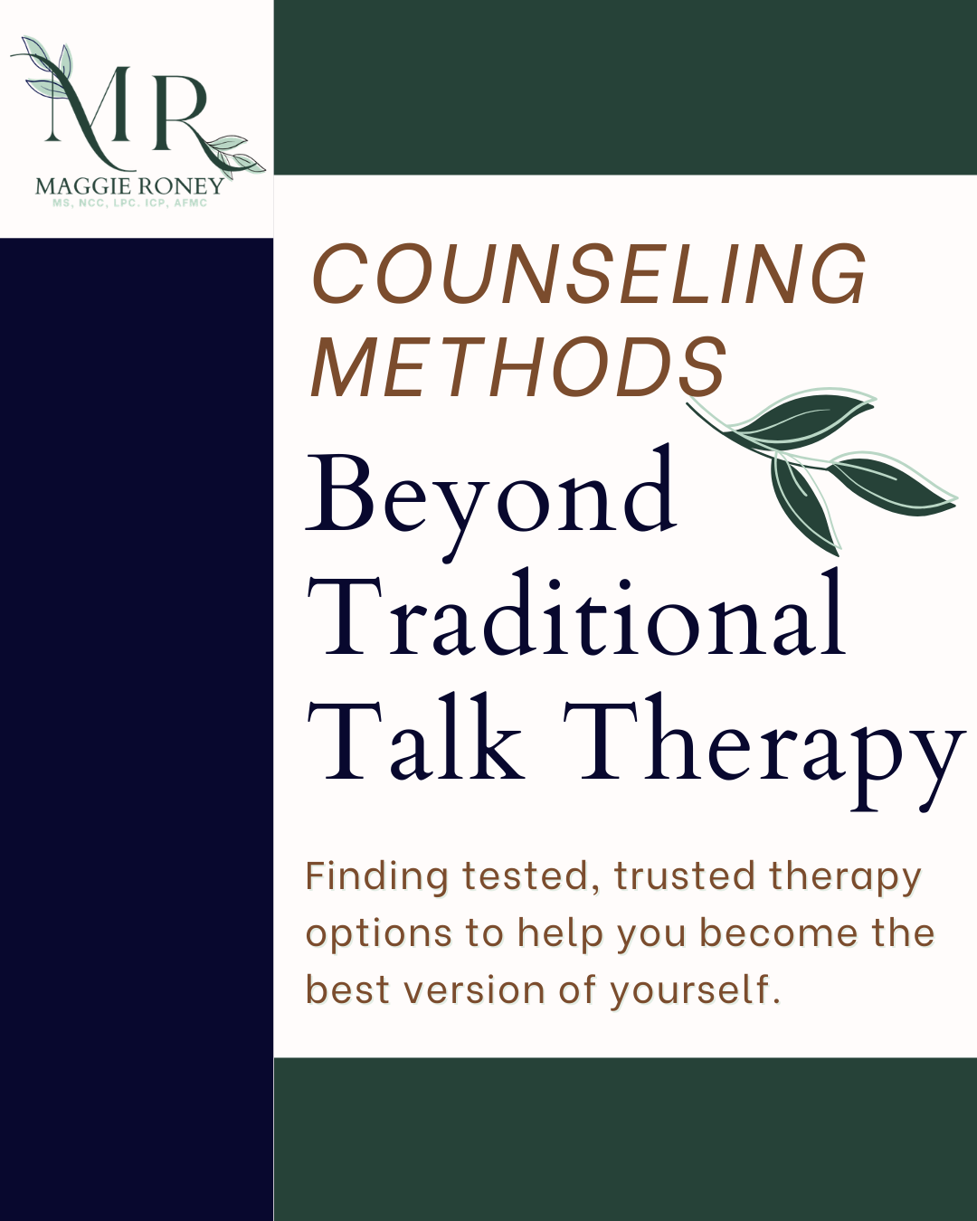 Cover of a book titled "Counseling Methods Beyond Traditional Talk Therapy" with a subtitle about finding tested and trusted therapy options to become the best version of yourself, featuring a logo with the initials MR and a leaf design.