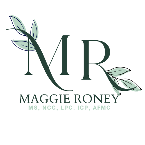 A logo featuring the initials 'MR' intertwined with leaves, with the name 'Maggie Roney' and credentials 'MS, NCC, LCP, ICP, AFMC' below.