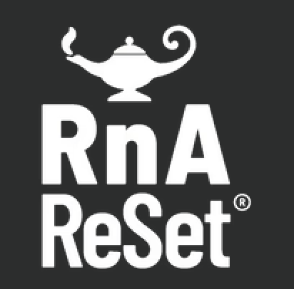 Logo with a white silhouette of a magic lamp and the text 'RnA Reset' on a black background.