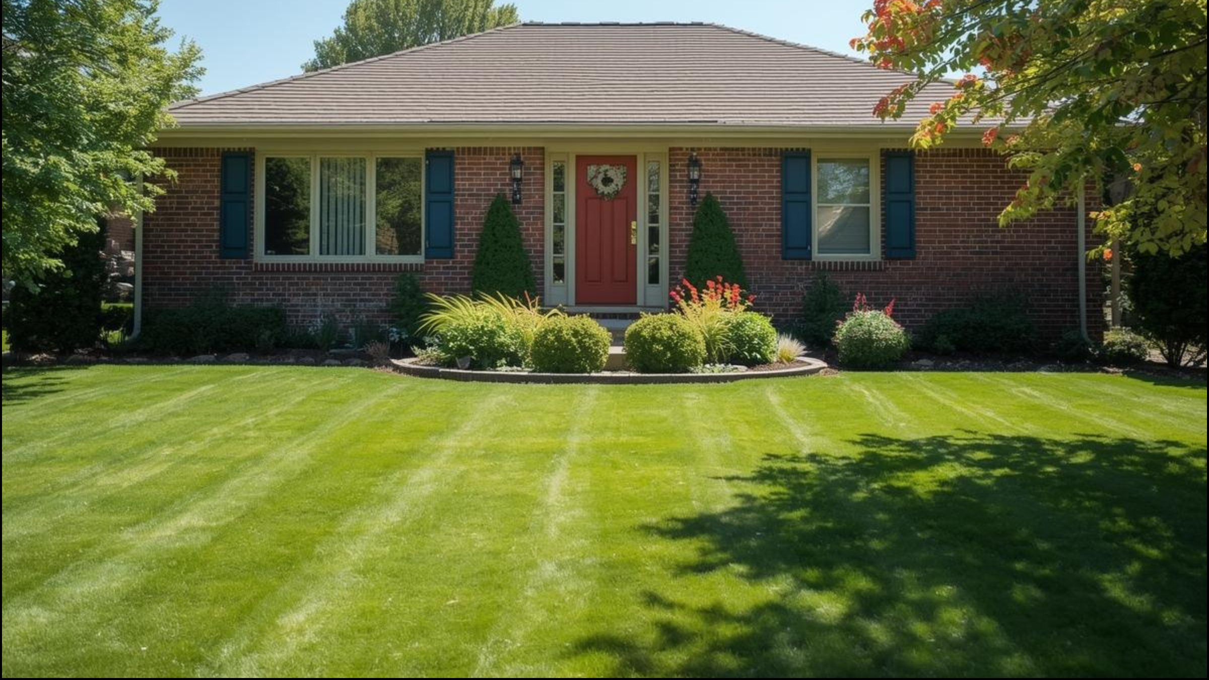 A red brick house with a red front door, blue shutters, and a well-maintained green lawn with landscaped flower beds.